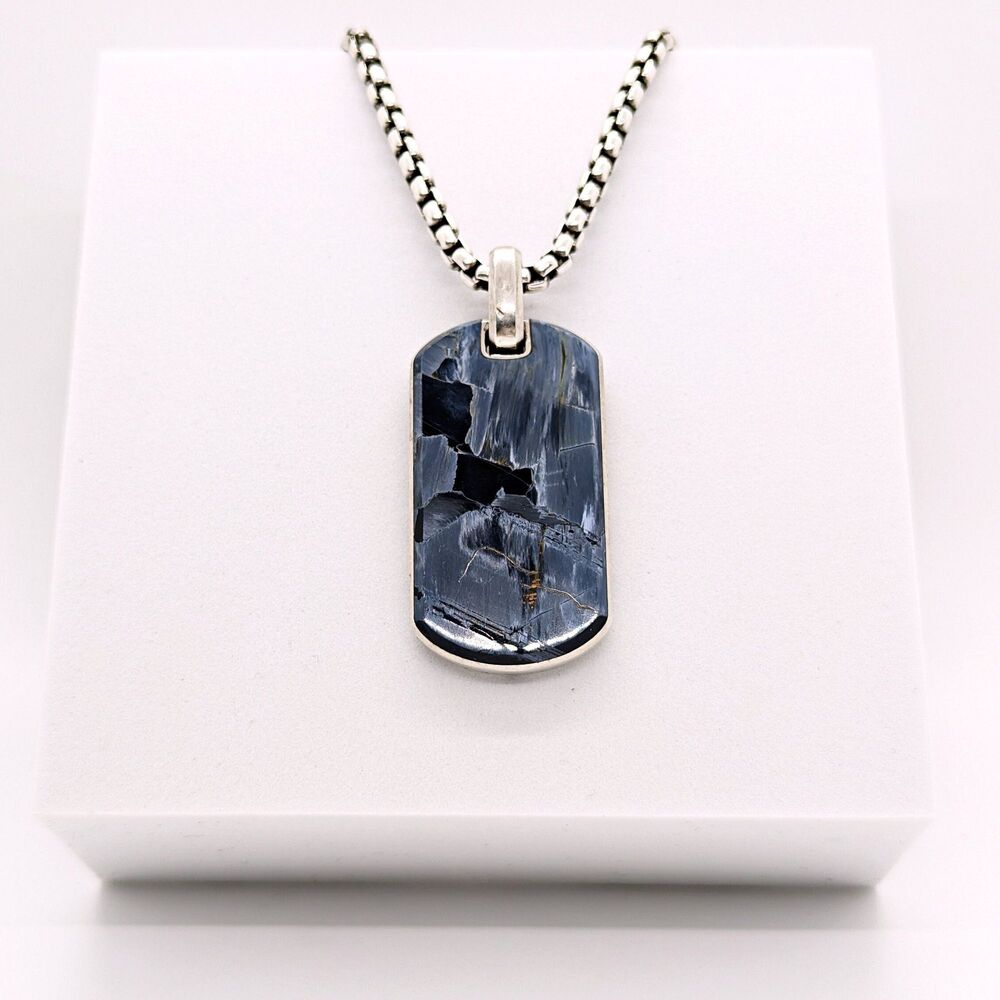 David Yurman 42mm Pietersite Chevron Tag With 3.6mm Box Chain 24 Inches Necklace